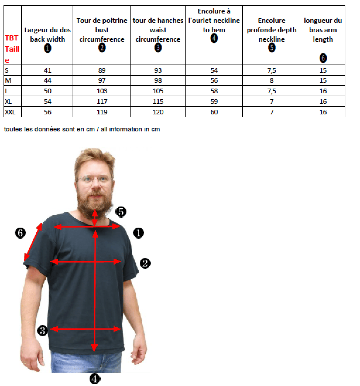 Guide des tailles du t-shirt anti-ondes en tissu black jersey - Yshield TBT